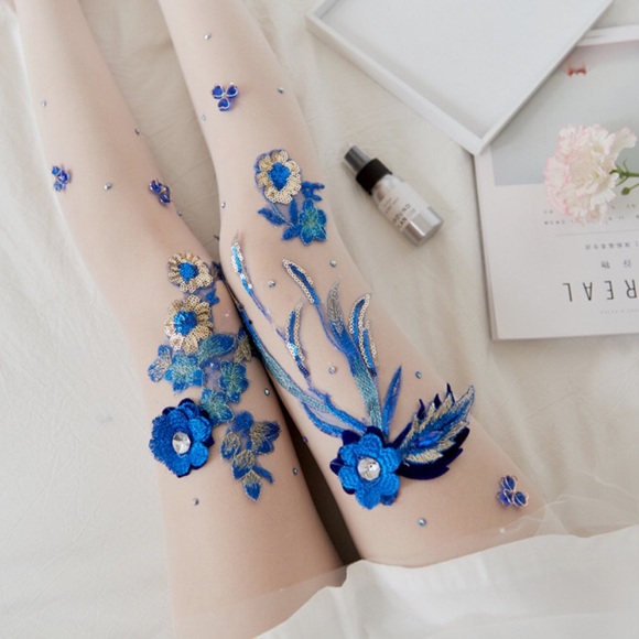 Handmade Sheer Stockings w/ Blue Flowers & Sequins - Picture 2 of 7